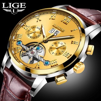 New Fashion LIGE Luxury Brand Watch Mens Automatic Mechanical Watch Men Sports Waterproof Leather Watches Relogio Masculino
