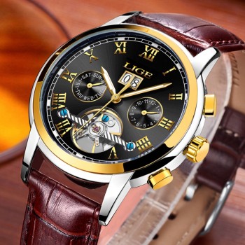 New Fashion LIGE Luxury Brand Watch Mens Automatic Mechanical Watch Men Sports Waterproof Leather Watches Relogio Masculino