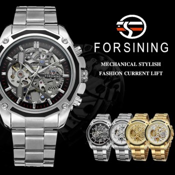 FORSINING Men Watch Stainless Steel Military Sport Wristwatch Skeleton Automatic Mechanical Male Clock relogio masculino 0609