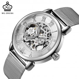 ORKINA Male Wristwatch Skeleton Dial Mechanical Hand-wind Clock Mens Wrist Watches Stainless Steel Mesh Band Herren Armbanduhr