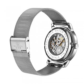 ORKINA Male Wristwatch Skeleton Dial Mechanical Hand-wind Clock Mens Wrist Watches Stainless Steel Mesh Band Herren Armbanduhr
