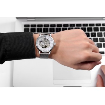 ORKINA Male Wristwatch Skeleton Dial Mechanical Hand-wind Clock Mens Wrist Watches Stainless Steel Mesh Band Herren Armbanduhr