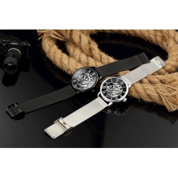 ORKINA Male Wristwatch Skeleton Dial Mechanical Hand-wind Clock Mens Wrist Watches Stainless Steel Mesh Band Herren Armbanduhr