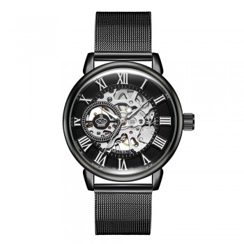 ORKINA Male Wristwatch Skeleton Dial Mechanical Hand-wind Clock Mens Wrist Watches Stainless Steel Mesh Band Herren Armbanduhr