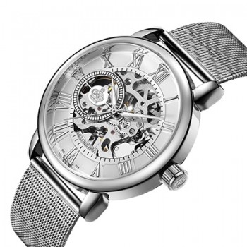 ORKINA Male Wristwatch Skeleton Dial Mechanical Hand-wind Clock Mens Wrist Watches Stainless Steel Mesh Band Herren Armbanduhr