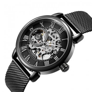 ORKINA Male Wristwatch Skeleton Dial Mechanical Hand-wind Clock Mens Wrist Watches Stainless Steel Mesh Band Herren Armbanduhr