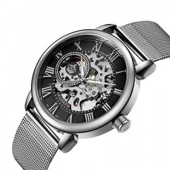 ORKINA Male Wristwatch Skeleton Dial Mechanical Hand-wind Clock Mens Wrist Watches Stainless Steel Mesh Band Herren Armbanduhr