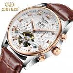 KINYUED 2018 Skeleton Tourbillon Mechanical Watch Automatic Men Classic Rose Gold Leather Mechanical Wrist Watches Reloj Hombre