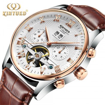 KINYUED 2018 Skeleton Tourbillon Mechanical Watch Automatic Men Classic Rose Gold Leather Mechanical Wrist Watches Reloj Hombre