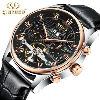 KINYUED 2018 Skeleton Tourbillon Mechanical Watch Automatic Men Classic Rose Gold Leather Mechanical Wrist Watches Reloj Hombre