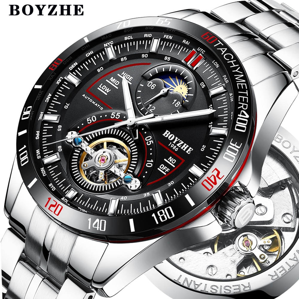 BOYZHE Mens Automatic Mechanical Fashion Top Brand Sports Watches Tourbillon Moon Phase Stainless Steel Watch Relogio Masculino