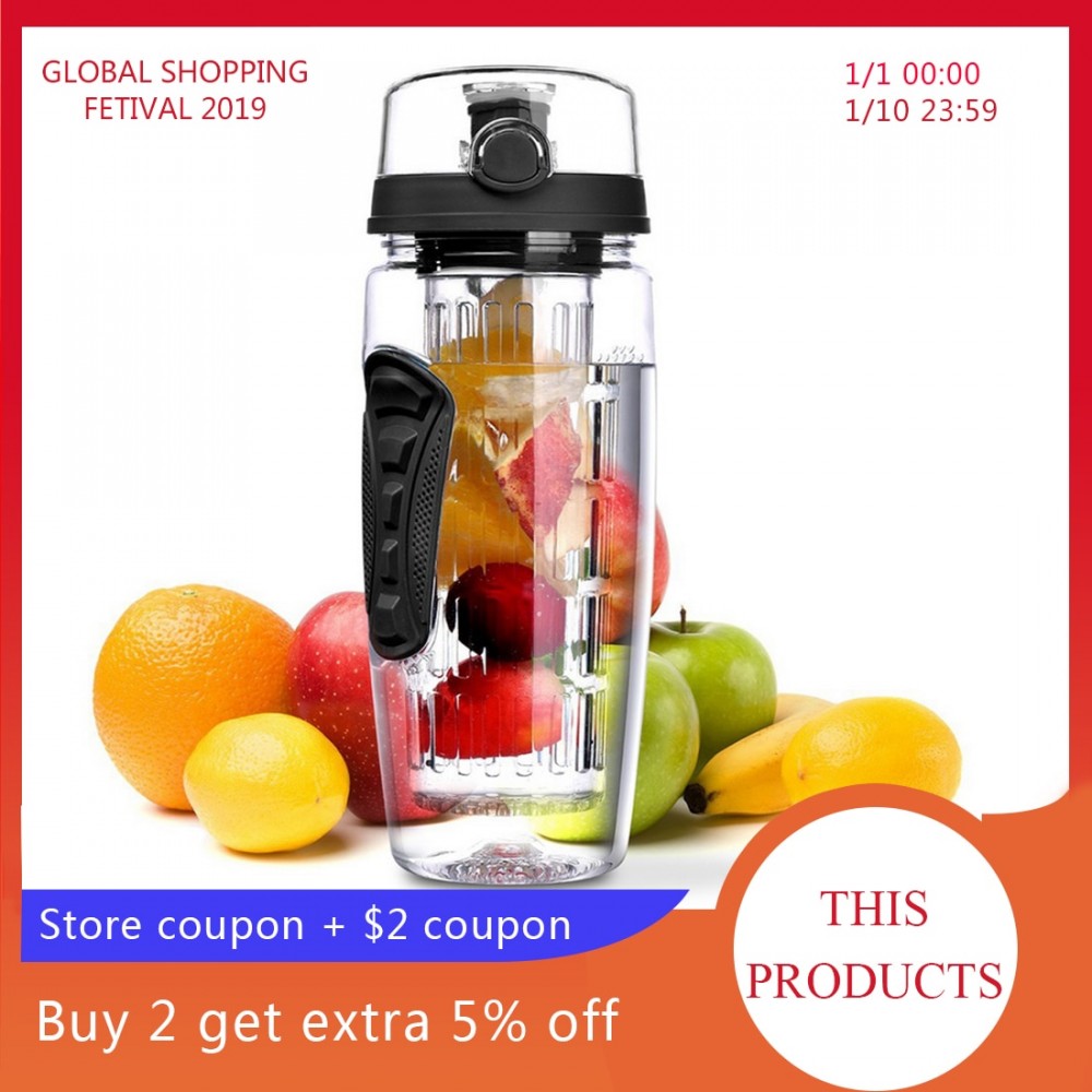 Urijk 34oz 1000ml Plastic Fruit Infuser Juice Shaker Sports Lemon Water Bottle Tour Hiking Portable Drinkware Bottles B Free