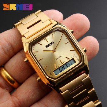 SKMEI Luxury Men Golden Watch Digital Quartz Mens Watches Dual Time Display Clock Wristwatches Male Watch Relogio Masculino1220