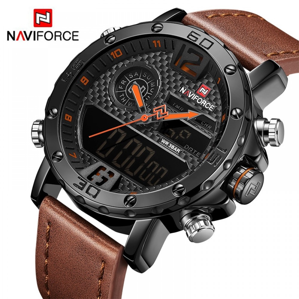 NAVIFORCE To Luxury Brand Mens Watches Men Leather Sports Watches Mens Quartz LED Digital Clock Waterproof Military Wrist Watch