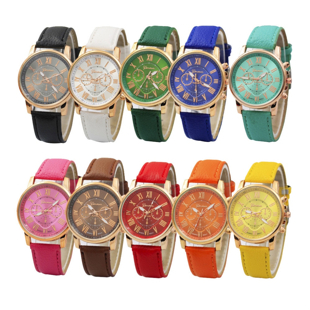Luxury fashion casual gold women watches bracelet Womens Geneva Roman Numerals Faux Leather Analog Quartz Watch A40