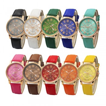Luxury fashion casual gold women watches bracelet Womens Geneva Roman Numerals Faux Leather Analog Quartz Watch A40