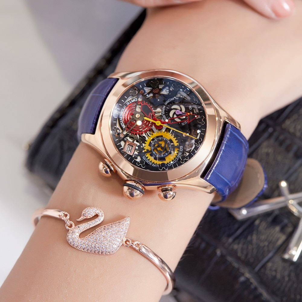 Reef Tiger/RT 2018 Women Fashion Watches Skeleton Watches Swiss Ronda Movement Luxury Rose Gold Sport Watches Date RGA7181