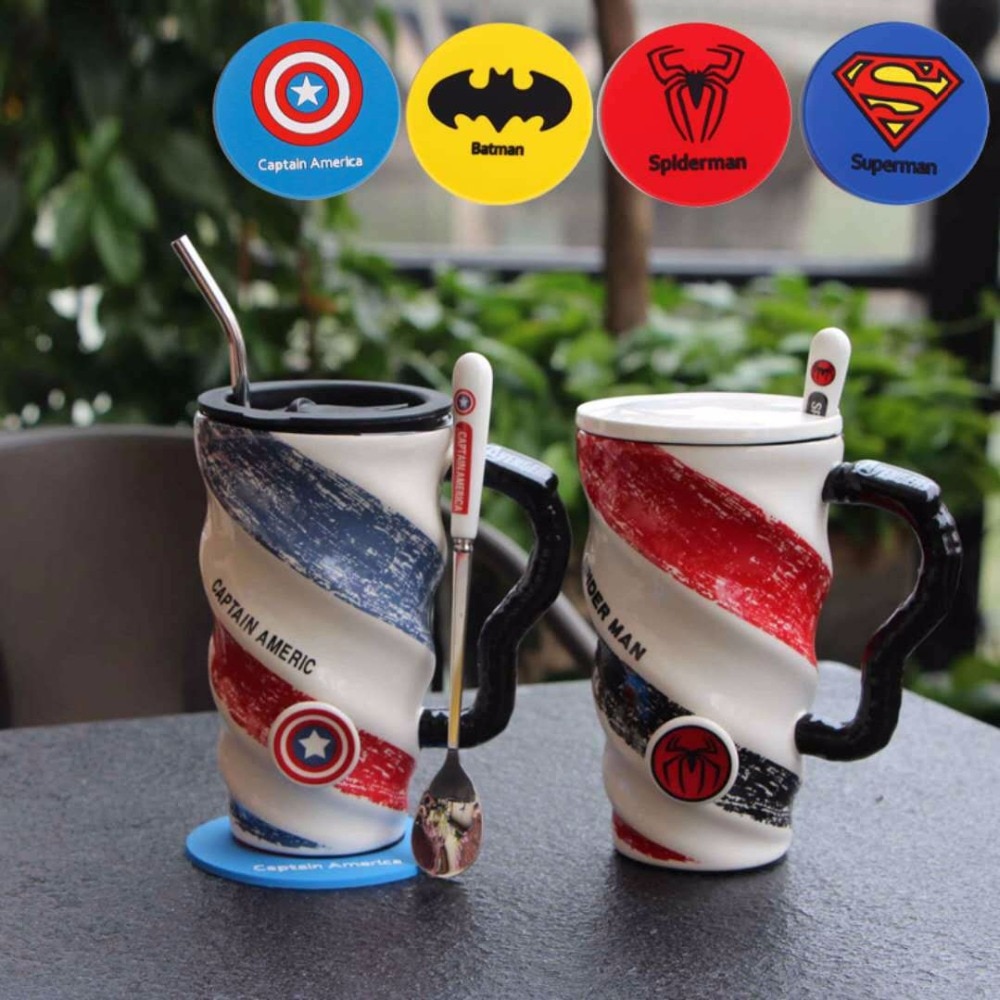 Bpa Free 550ml Hot Sales super Heros ceramics milk coffee mugs Cartoon tea league cup with strawamp;spoonamp;lid and Coaster set