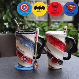 Bpa Free 550ml Hot Sales super Heros ceramics milk coffee mugs Cartoon tea league cup with strawamp;spoonamp;lid and Coaster set