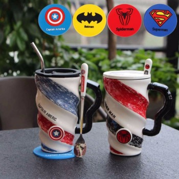 Bpa Free 550ml Hot Sales super Heros ceramics milk coffee mugs Cartoon tea league cup with strawamp;spoonamp;lid and Coaster set