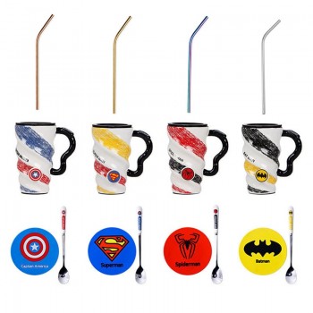 Bpa Free 550ml Hot Sales super Heros ceramics milk coffee mugs Cartoon tea league cup with strawamp;spoonamp;lid and Coaster set