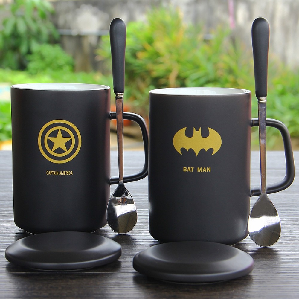 OUSSIRRO Creative Avengers Justice League  Ceramic Mug With Lid With Spoon Superman Spiderman Batman High Quality  Cup Nice Gift