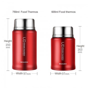 BOAONI 750ml Thermos Food Jar Vacuum Insulated Stainless Steel Thermal Kitchen Lunch Box Keep Heat Containers With Folding Spoon