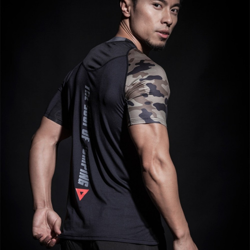 Summer Sports Pro T-Shirt Muscle Mens Gym Short Sleeve t shirt Basketball Fitness Camouflage Patchwork Breathable Stretch Top