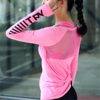 ESHINES Sexy Back Hollow Letters Sports T-Shirt Ventilation Freely Breathe Yoga Fitness Womans Long-Sleeved T-Shirt Dropship