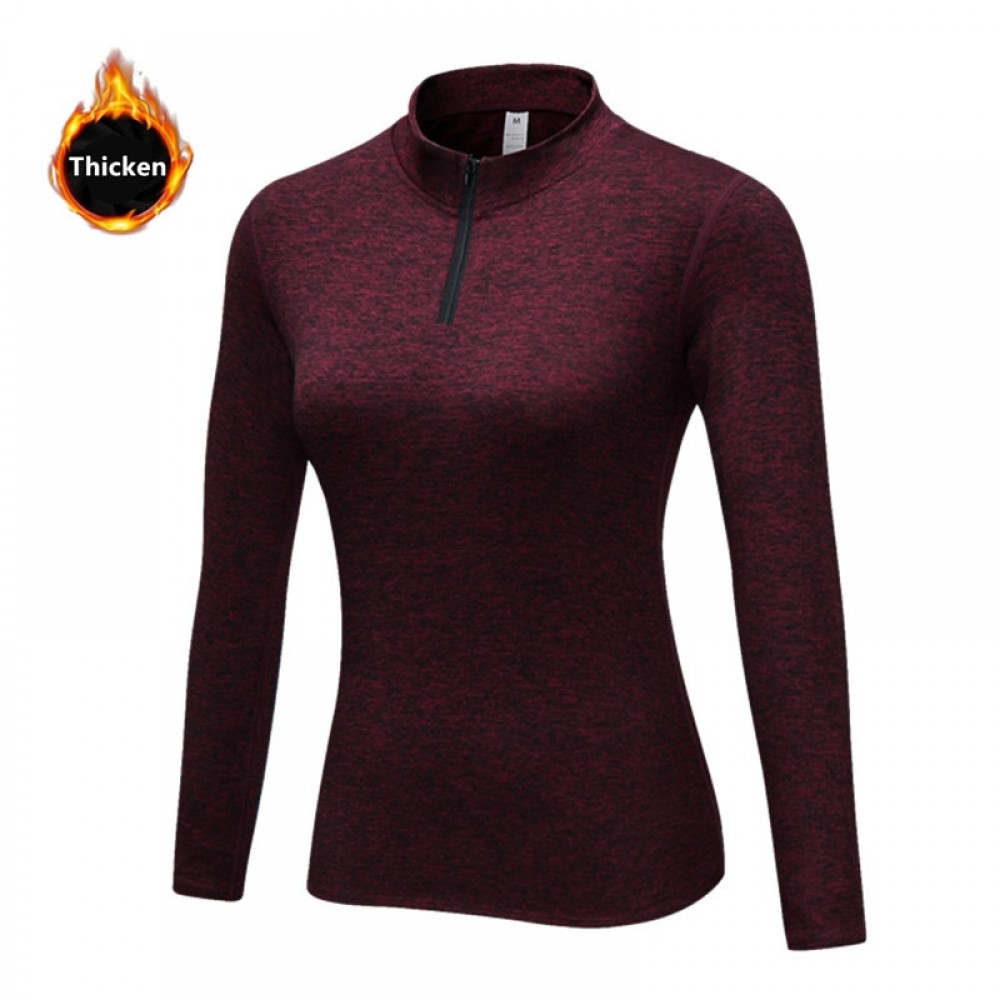 Womens padded ski t-shirt Winter outdoor activities warm long sleeves Elastic tight zipper stand collar sweater Ice sports tops