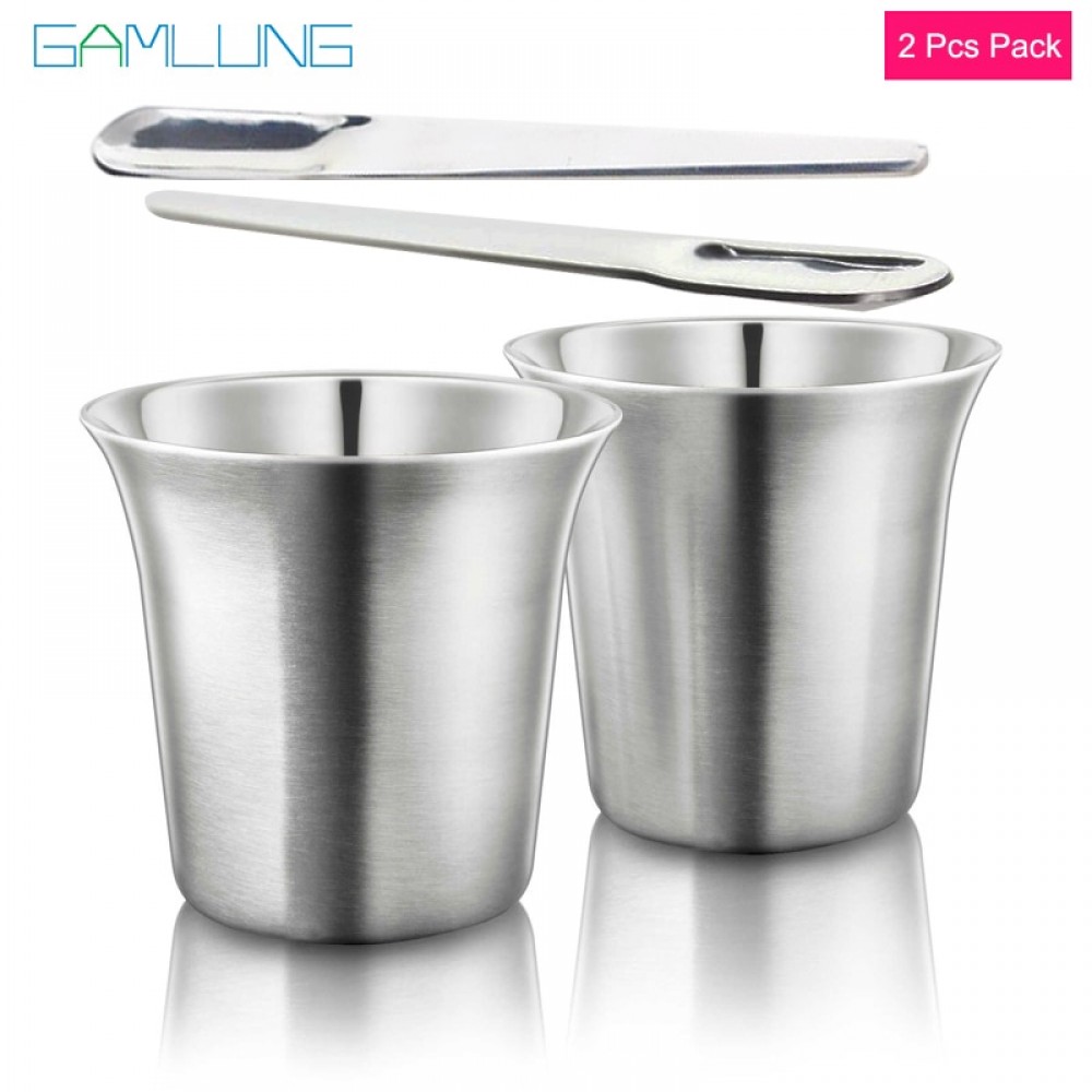 GAMLUNG Pixie Nespresso Espresso Stainless Steel coffee cup coffee cup lungo coffee mug 2 pcs pack with 1 Stirrer 170ml