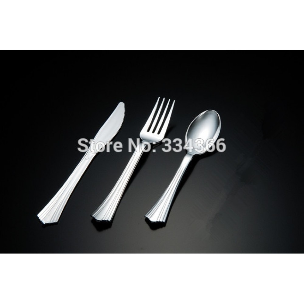 300Pcs/Lot Disposable Plastic Silver Cutlery Party Flatware WeddingTableware Knife/ Fork/ Spoon As Stainless Steel Color