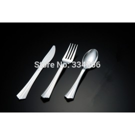300Pcs/Lot Disposable Plastic Silver Cutlery Party Flatware WeddingTableware Knife/ Fork/ Spoon As Stainless Steel Color