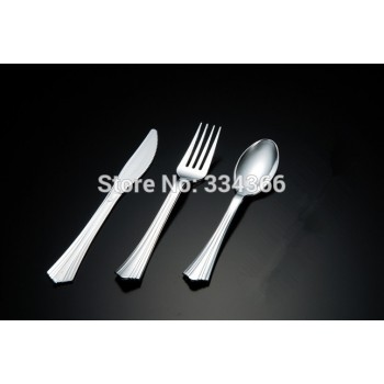 300Pcs/Lot Disposable Plastic Silver Cutlery Party Flatware WeddingTableware Knife/ Fork/ Spoon As Stainless Steel Color