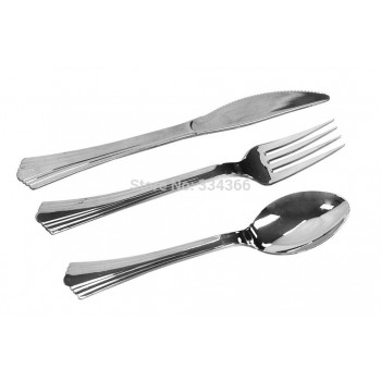 300Pcs/Lot Disposable Plastic Silver Cutlery Party Flatware WeddingTableware Knife/ Fork/ Spoon As Stainless Steel Color