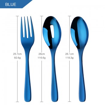 3pieces Colorful Gold Flatware 18/8 Stainless Steel Serving Spoon Fork Spork Set Big Size Salad Kitchen Utensils