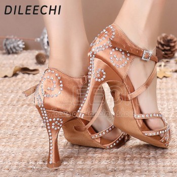 DILEECHI Women Party Dance Shoes Satin Shining rhinestone Soft Bottom Latin Dance Shoes Woman Salsa Dance Shoes heel5CM-10CM