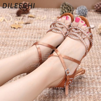 DILEECHI Women Party Dance Shoes Satin Shining rhinestone Soft Bottom Latin Dance Shoes Woman Salsa Dance Shoes heel5CM-10CM
