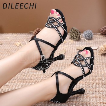 DILEECHI Women Party Dance Shoes Satin Shining rhinestone Soft Bottom Latin Dance Shoes Woman Salsa Dance Shoes heel5CM-10CM