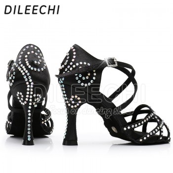 DILEECHI Women Party Dance Shoes Satin Shining rhinestone Soft Bottom Latin Dance Shoes Woman Salsa Dance Shoes heel5CM-10CM