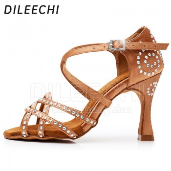 DILEECHI Women Party Dance Shoes Satin Shining rhinestone Soft Bottom Latin Dance Shoes Woman Salsa Dance Shoes heel5CM-10CM