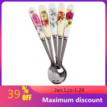 5Pcs/Set Stainless Steel Ceramic Handle Tea Spoon Creative Coffee Spoon Honey Dessert Ice Cream Spoon Small Teaspoon 15*2.6cm