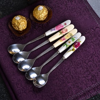 5Pcs/Set Stainless Steel Ceramic Handle Tea Spoon Creative Coffee Spoon Honey Dessert Ice Cream Spoon Small Teaspoon 15*2.6cm