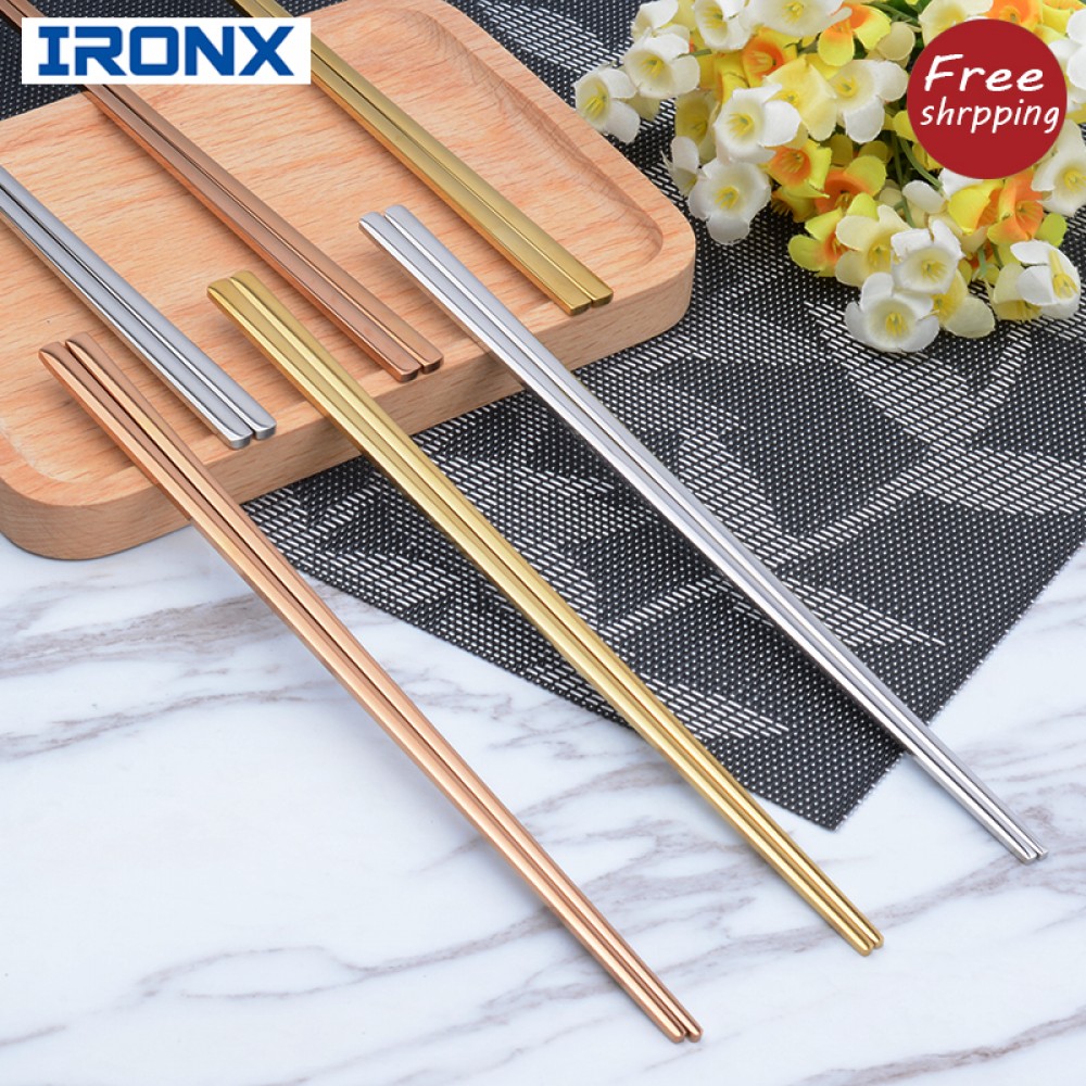 IRONX 1 Pair Korean Chopsticks Stainless Steel Titanium Plating Gold Rose Gold flat Chop Sticks  Sushi Hashi chopstick