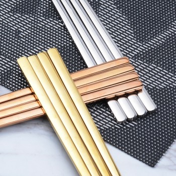 IRONX 1 Pair Korean Chopsticks Stainless Steel Titanium Plating Gold Rose Gold flat Chop Sticks  Sushi Hashi chopstick