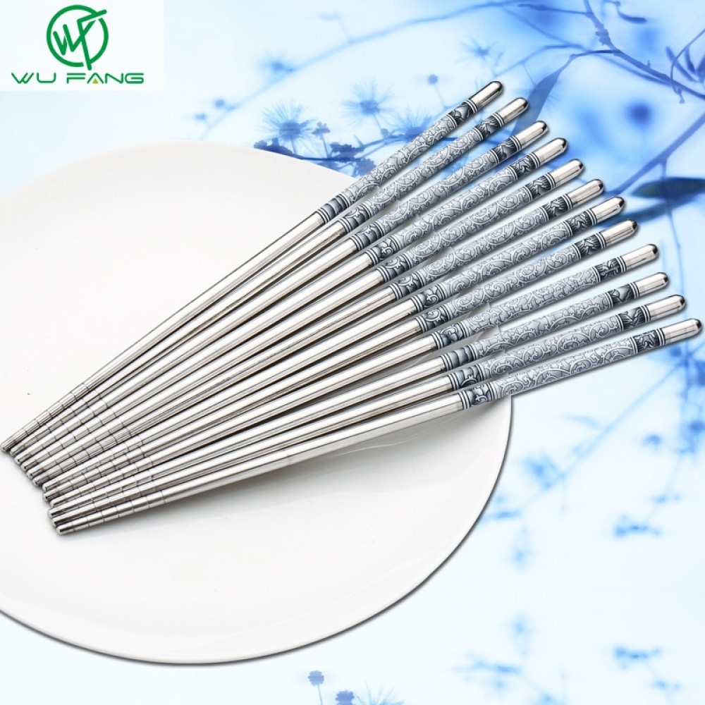 5 Pairs Durable Food Stick Chinese Traditional Flowers Pattern Stainless Steel Chopsticks Tableware Christmas Gifts 8.8inch