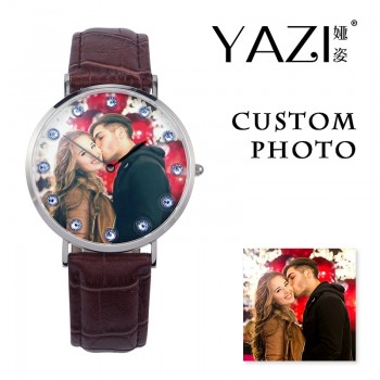 YAZI Brand Your Own Photo Watch Picture Print in Dial Unique Watch Birthstone Scale Genuine Leather Quartz Watch For Lovers Gift