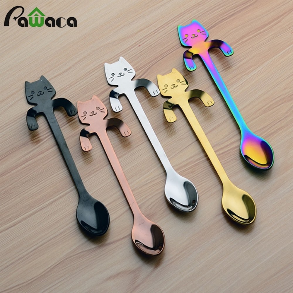 4pcs Stainless Steel Mini Cat Kitten Spoons for Coffee Tea Dessert Drink Mixing Milkshake Spoon Tableware Set Kitchen Supplies