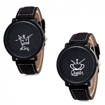 Newl King Queen Leather Watches Women Lovers Quartz Watch Men Brand Luxury Wristwatch Female Male Quartz Lover`s Watches