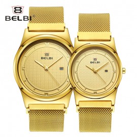 Belbi Couple Gift Watches Simple Round Design with Comfortable Steel Strap Lovers Clock Waterproof Quartz Battery Wristwatches